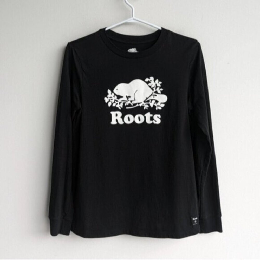 Roots 100% cotton black & white long sleeve logo tee shirt
